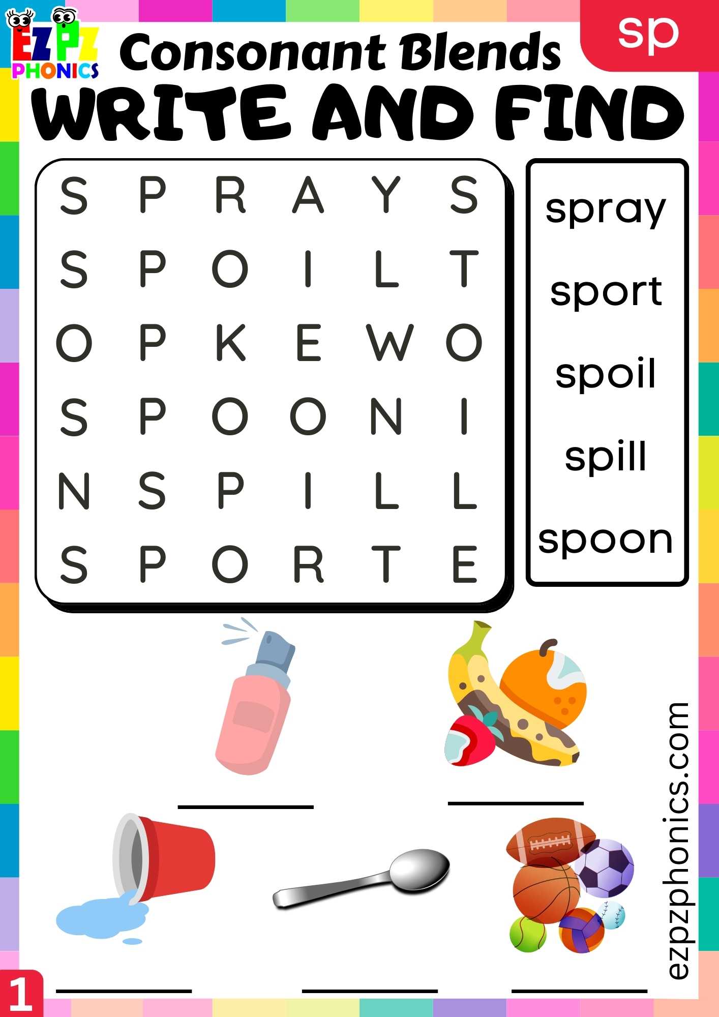 Group1 SP Words Write And Find Phonics Consonant Blends Worksheet